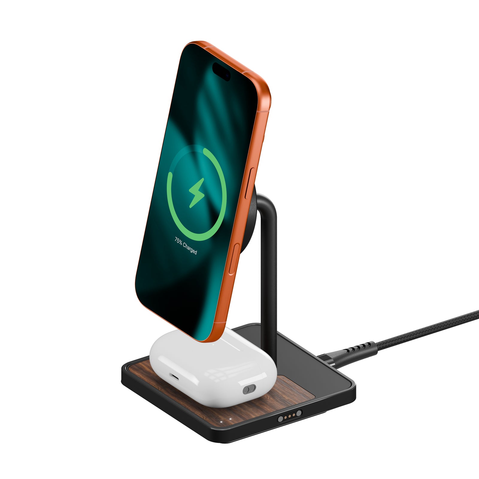 Smartphone on a wireless charging stand in a refined desk setup