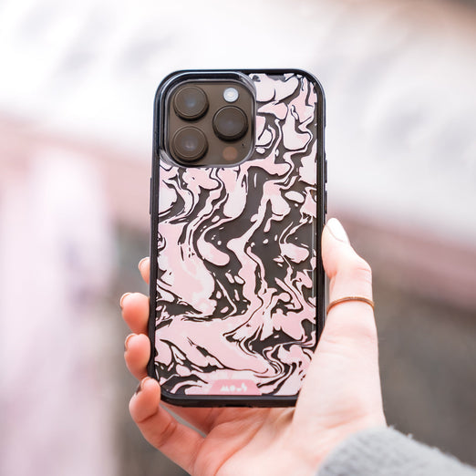 hover-image, Clear Protective Phone Case Transparent Qi Wireless Charging Marbled Dusky Pink Design